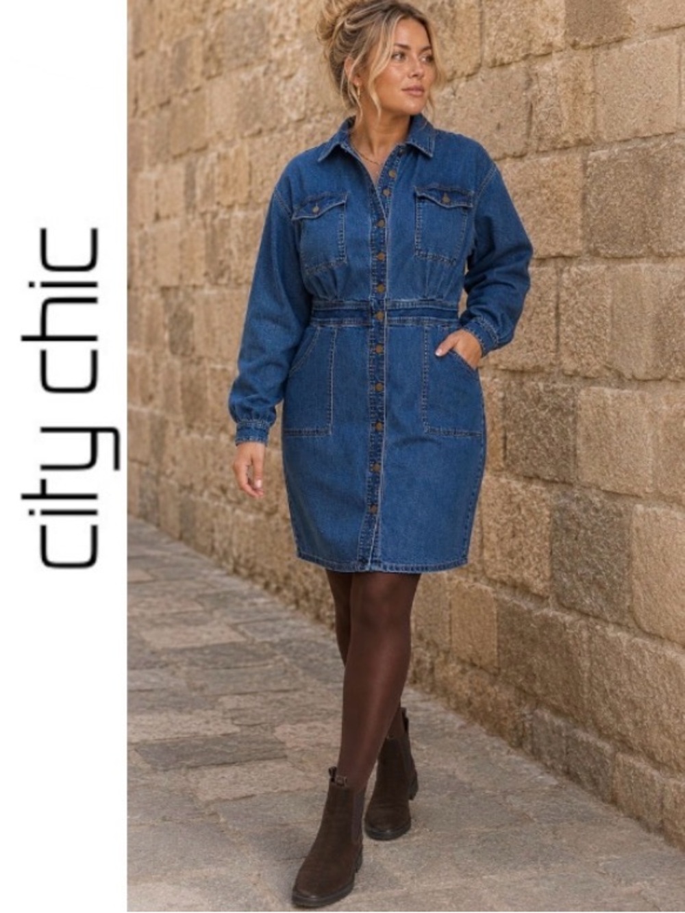 22W City Chic Denim “Ryder” Button-Front Shirt Mini Dress in Blue